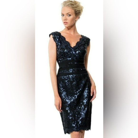 Tadashi Shoji Sequin Lace Banded Navy Black Sheath Cocktail Dress Whimsigoth - Picture 4 of 12